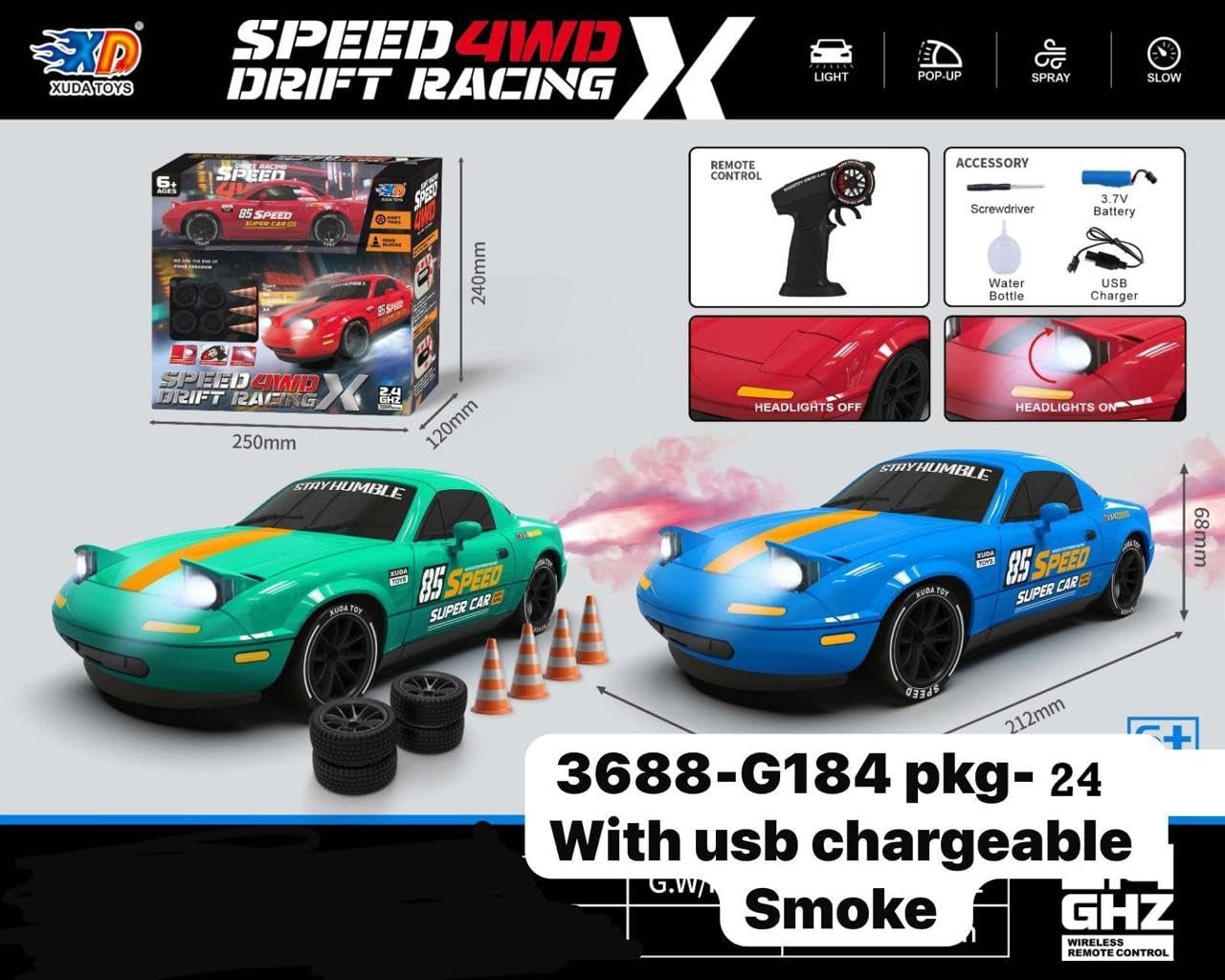 High-Speed RC Drift Racing Car with Smoke Spray, Pop-Up Headlights & Rechargeable Battery