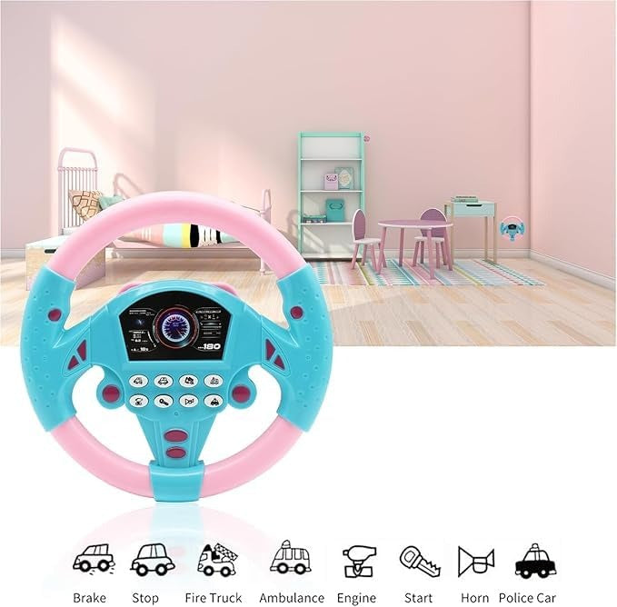 Children's Steering Wheel Driving Toy with Music, Lights & Interactive Buttons – Pretend Play Car Simulator (Pink/Blue)
