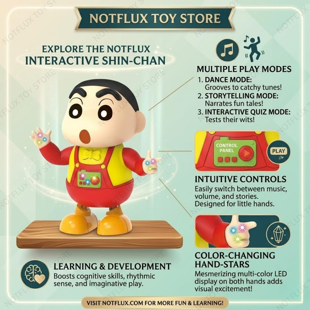 Shinchan Dancing Toy – LED Lights, Music, Walking & Spinning Fun for Kids