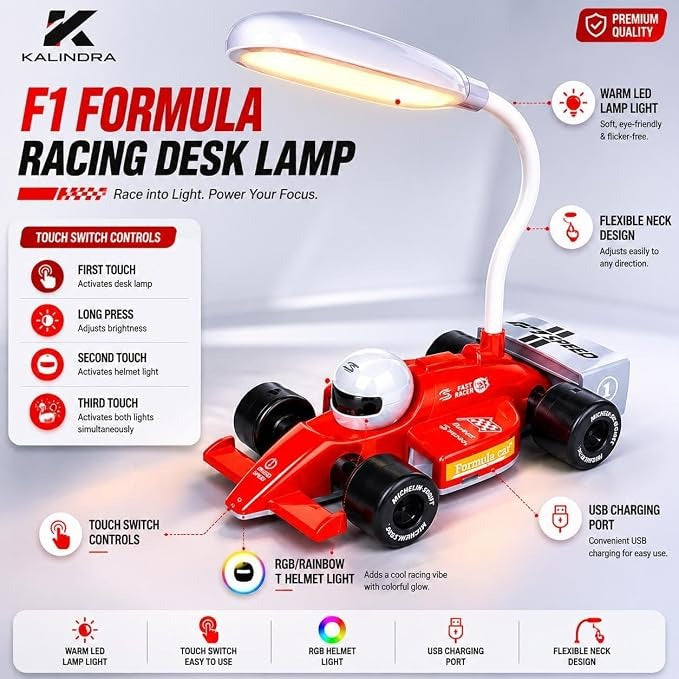 KALINDRA F1 Racing Car LED Lamp – USB Rechargeable Desk Light for Bedroom, Study Table & Gaming Setup