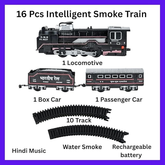 16 Piece Train Toy Set for Kids – Rechargeable Smoke Engine Train with Hindi Music & Railway Track