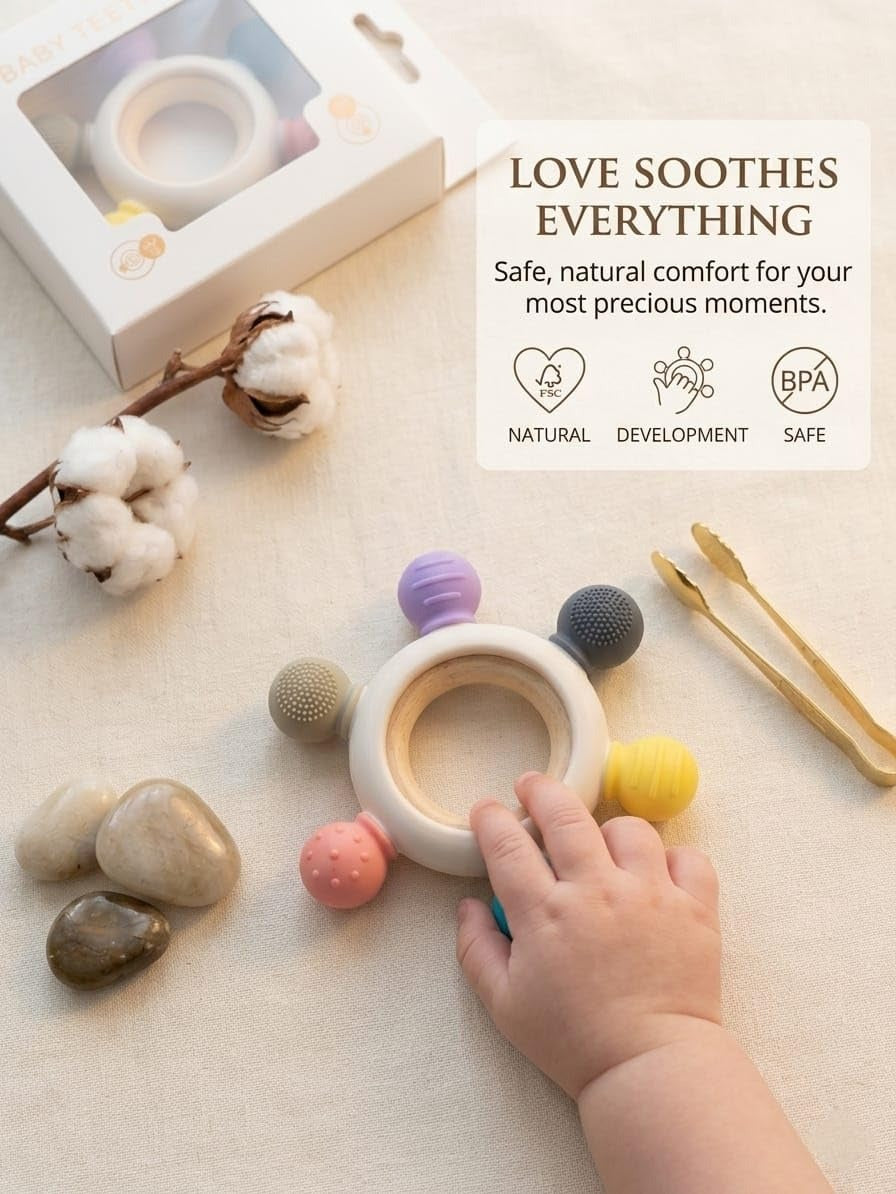 Baby Teether Toy with Wooden Grasping Ring – Silicone Sensory Chew Toy for Infants & Toddlers