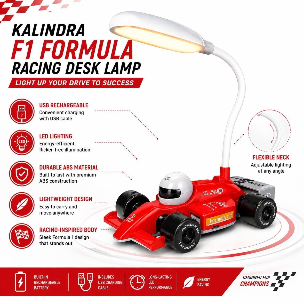 KALINDRA F1 Racing Car LED Lamp – USB Rechargeable Desk Light for Bedroom, Study Table & Gaming Setup