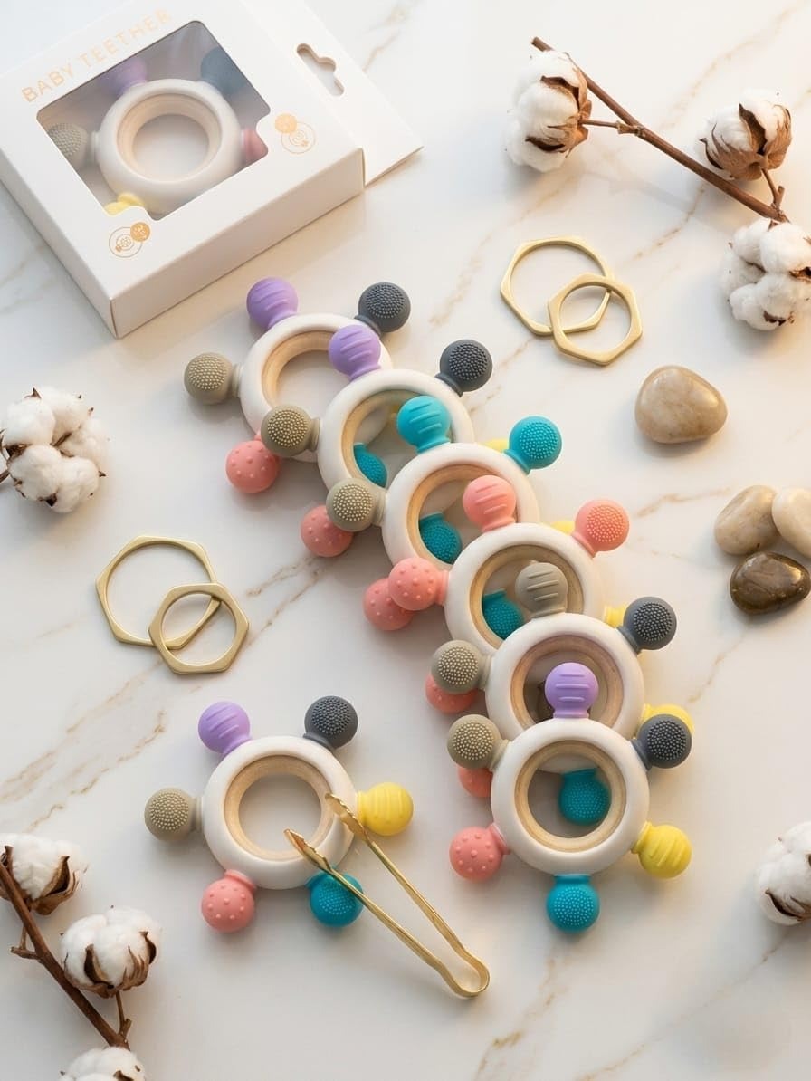 Baby Teether Toy with Wooden Grasping Ring – Silicone Sensory Chew Toy for Infants & Toddlers