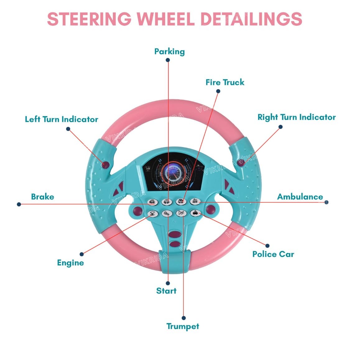 Children's Steering Wheel Driving Toy with Music, Lights & Interactive Buttons – Pretend Play Car Simulator (Pink/Blue)
