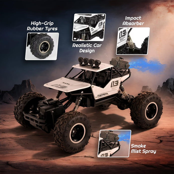 Remote Control Rock Crawler Truck | Alloy Metal Body, Smoke Effect, 360° Stunt Rotation, Silver