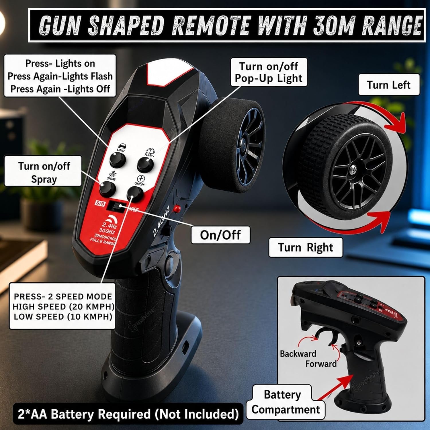 High-Speed RC Drift Racing Car with Smoke Spray, Pop-Up Headlights & Rechargeable Battery
