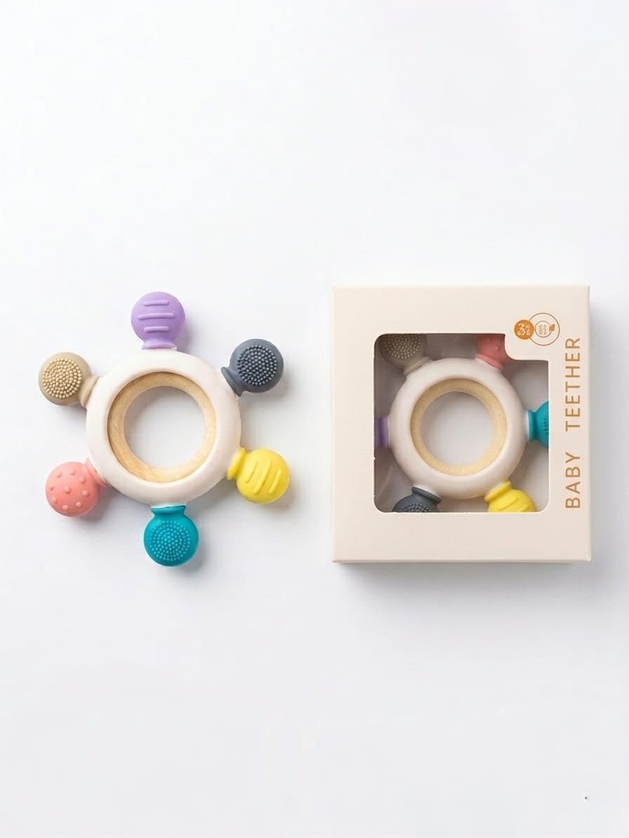Baby Teether Toy with Wooden Grasping Ring – Silicone Sensory Chew Toy for Infants & Toddlers