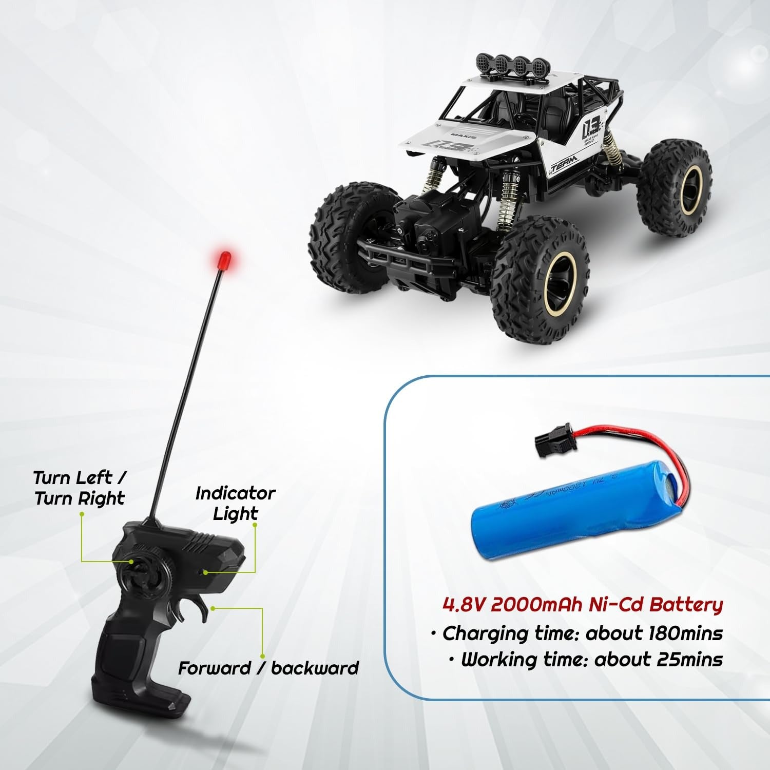 Remote Control Rock Crawler Truck | Alloy Metal Body, Smoke Effect, 360° Stunt Rotation, Silver