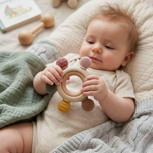 Baby Teether Toy with Wooden Grasping Ring – Silicone Sensory Chew Toy for Infants & Toddlers