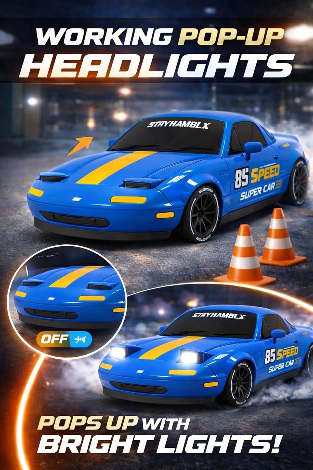 High-Speed RC Drift Racing Car with Smoke Spray, Pop-Up Headlights & Rechargeable Battery