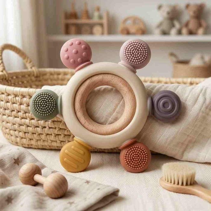Baby Teether Toy with Wooden Grasping Ring – Silicone Sensory Chew Toy for Infants & Toddlers