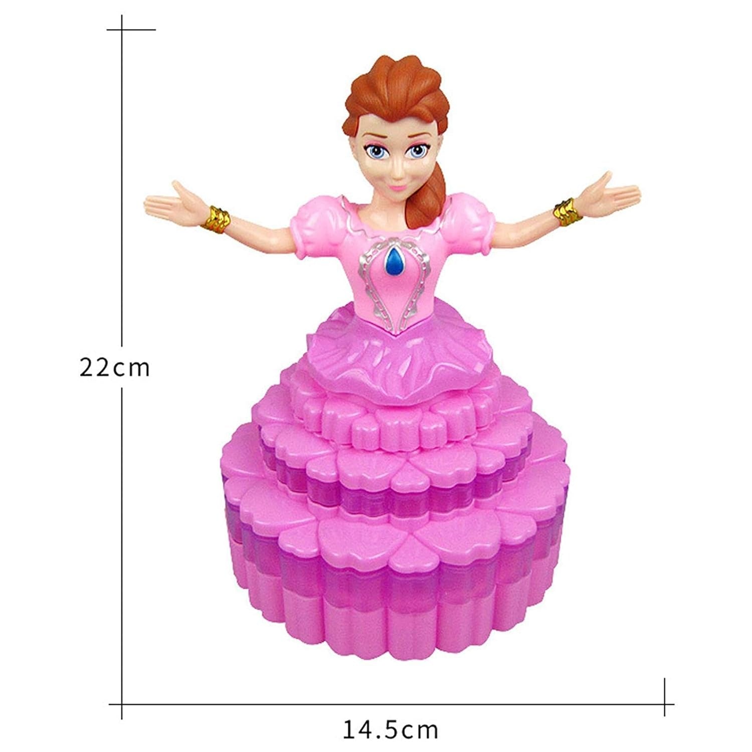 Musical Dancing Princess Doll, 360° Auto-Rotating, 3D LED Lights, Cake Dress Design, Kids Birthday Gift, Battery Operated -Color As Per Stock