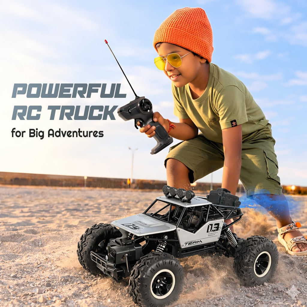 Remote Control Rock Crawler Truck | Alloy Metal Body, Smoke Effect, 360° Stunt Rotation, Silver