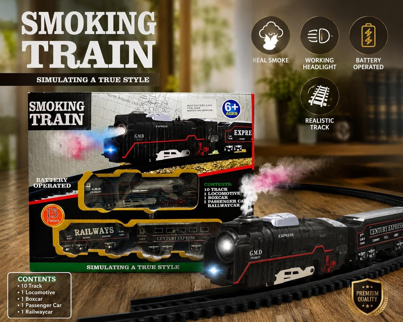16 Piece Train Toy Set for Kids – Rechargeable Smoke Engine Train with Hindi Music & Railway Track