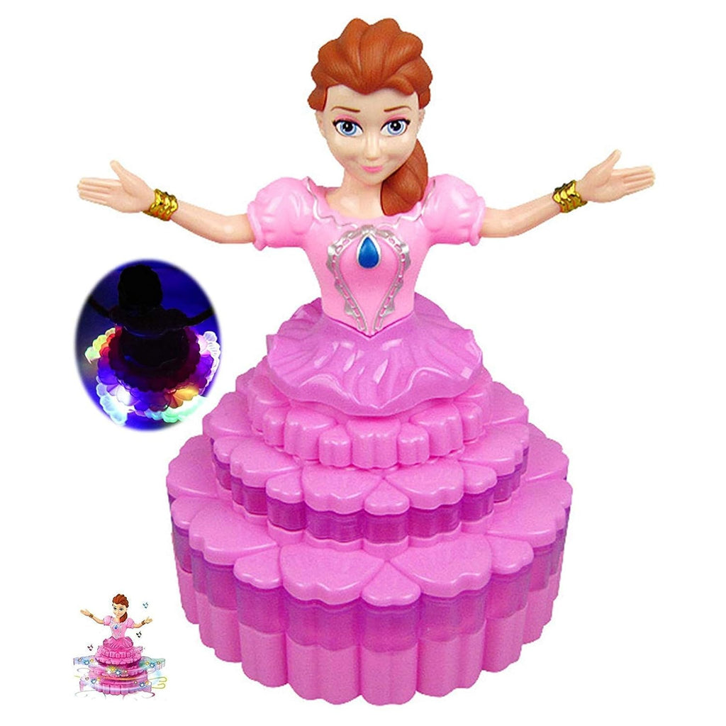 Musical Dancing Princess Doll, 360° Auto-Rotating, 3D LED Lights, Cake Dress Design, Kids Birthday Gift, Battery Operated -Color As Per Stock