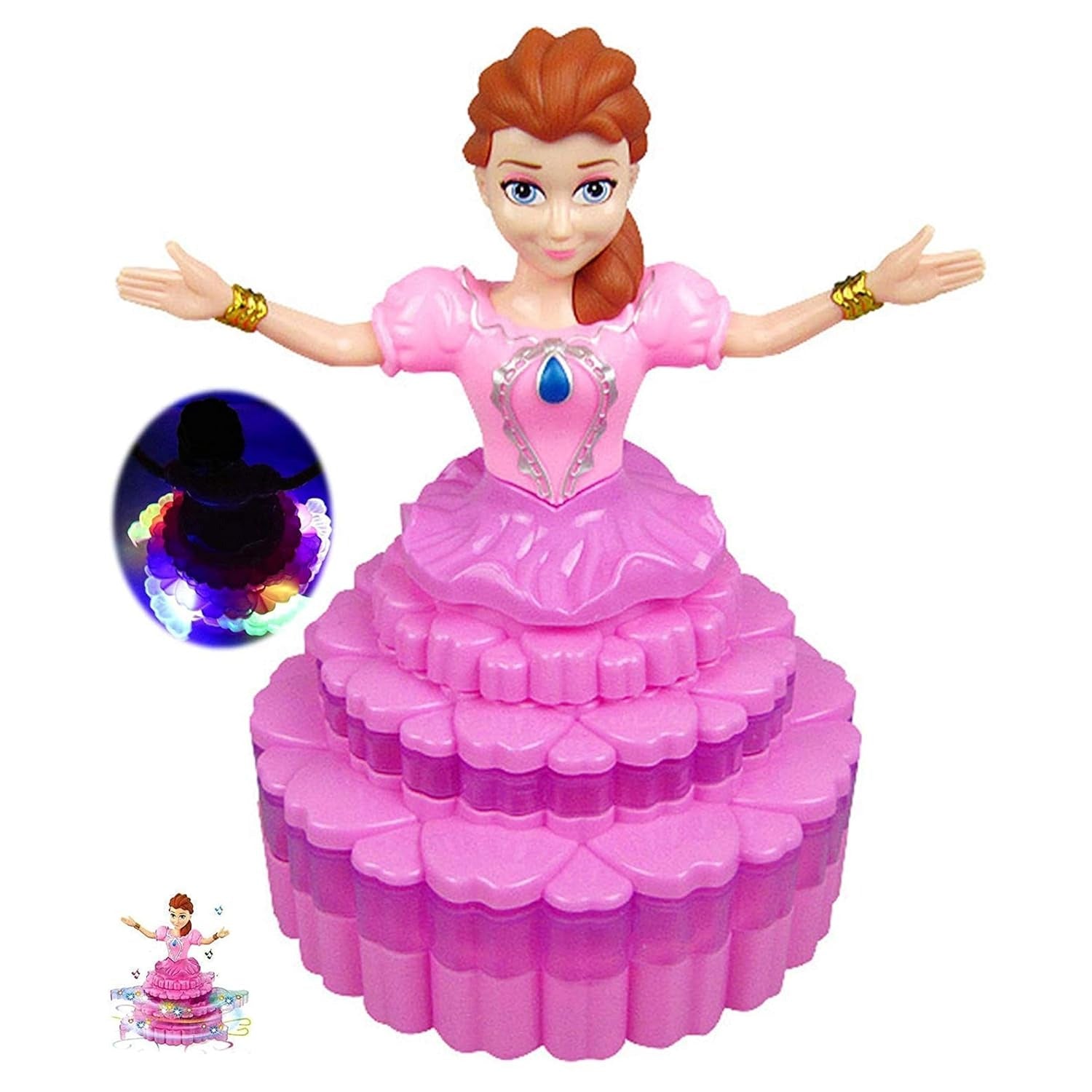 Musical Dancing Princess Doll, 360° Auto-Rotating, 3D LED Lights, Cake Dress Design, Kids Birthday Gift, Battery Operated -Color As Per Stock