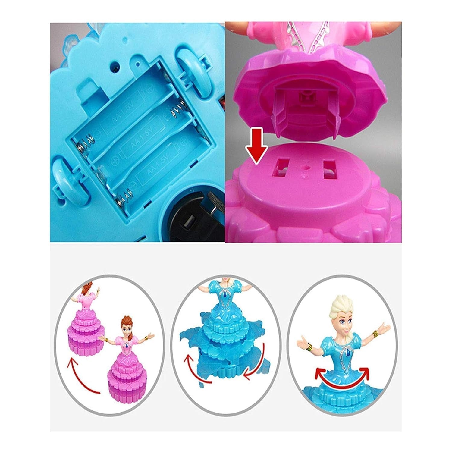 Musical Dancing Princess Doll, 360° Auto-Rotating, 3D LED Lights, Cake Dress Design, Kids Birthday Gift, Battery Operated -Color As Per Stock