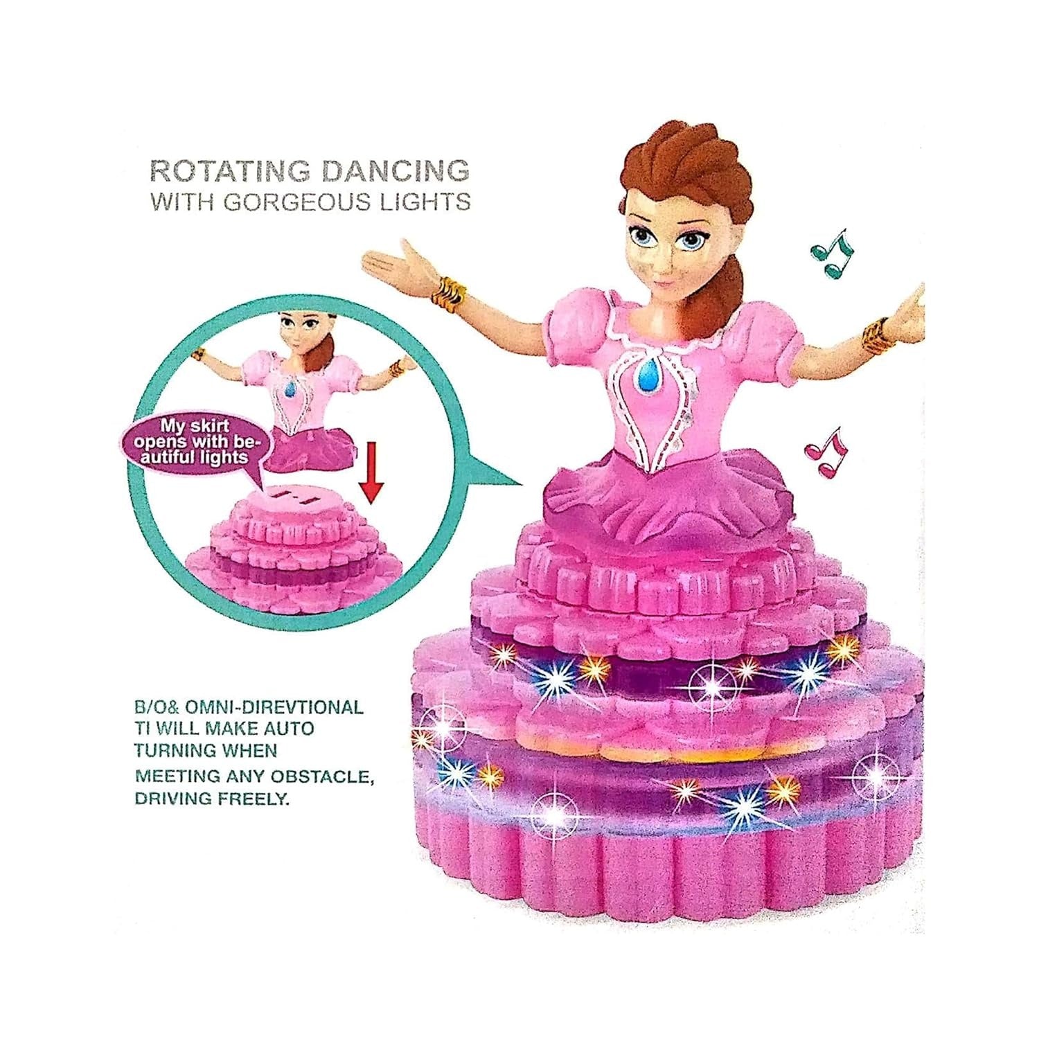 Musical Dancing Princess Doll, 360° Auto-Rotating, 3D LED Lights, Cake Dress Design, Kids Birthday Gift, Battery Operated -Color As Per Stock