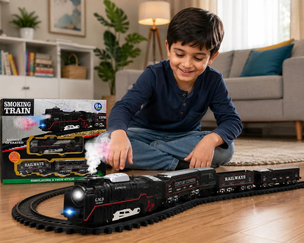 16 Piece Train Toy Set for Kids – Rechargeable Smoke Engine Train with Hindi Music & Railway Track