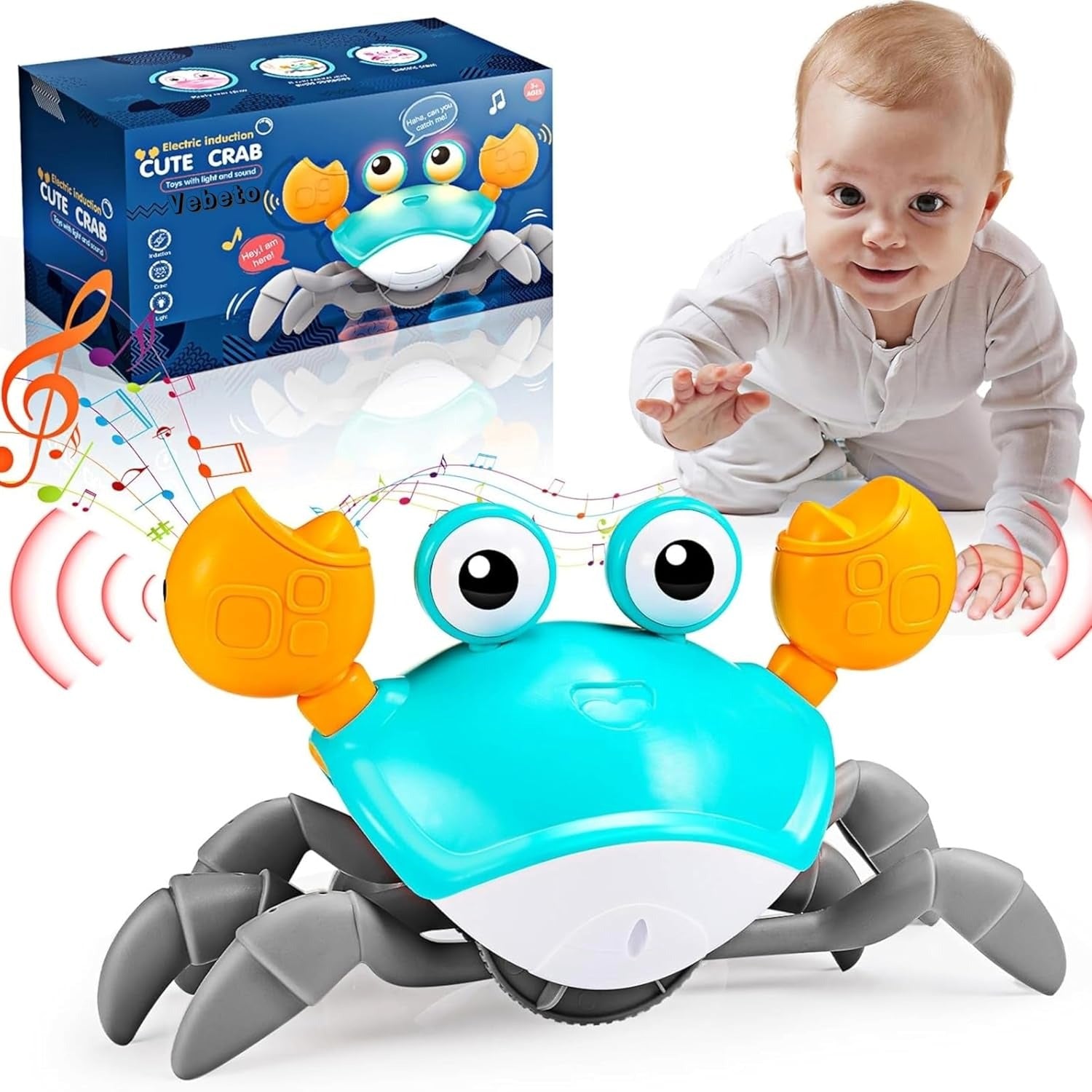 VEBETO Rechargeable Crawling Crab Toy for Kids – Interactive Musical Crab with Obstacle Avoidance, LED Lights, Walking Action & Educational Play