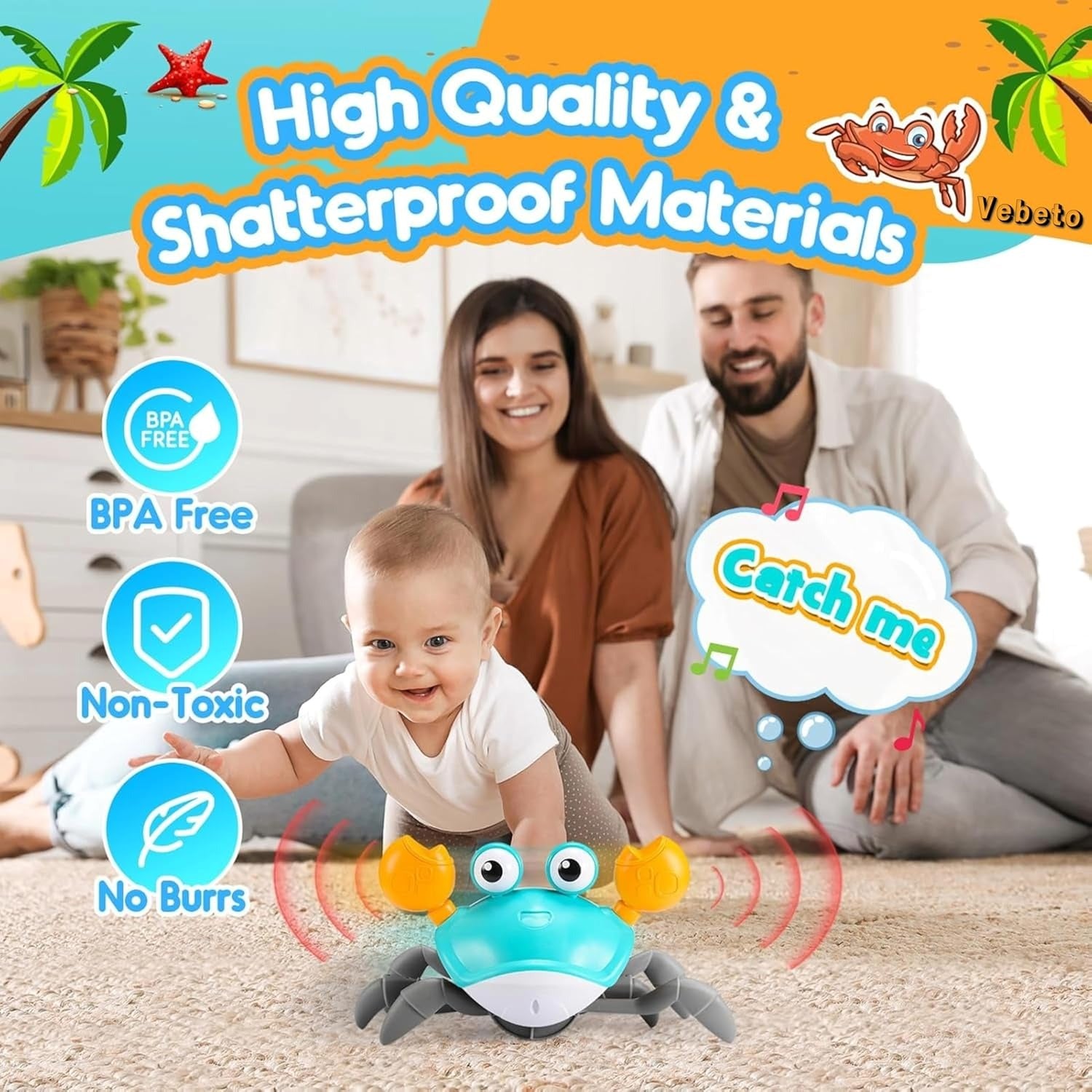 VEBETO Rechargeable Crawling Crab Toy for Kids – Interactive Musical Crab with Obstacle Avoidance, LED Lights, Walking Action & Educational Play