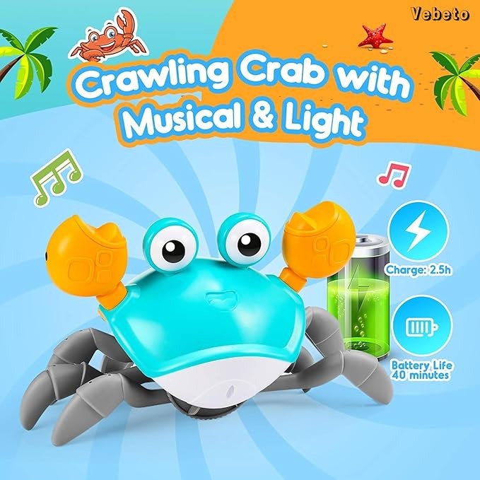 VEBETO Rechargeable Crawling Crab Toy for Kids – Interactive Musical Crab with Obstacle Avoidance, LED Lights, Walking Action & Educational Play
