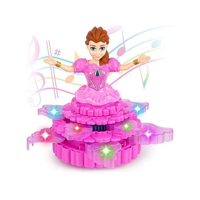 Musical Dancing Princess Doll, 360° Auto-Rotating, 3D LED Lights, Cake Dress Design, Kids Birthday Gift, Battery Operated -Color As Per Stock