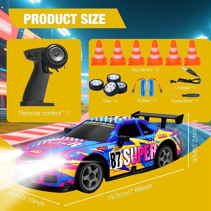 Mineup RC Drift Car Toy, 4WD 2.4GHz Remote Control Racing Vehicle with LED Headlights, 15km/h Speed