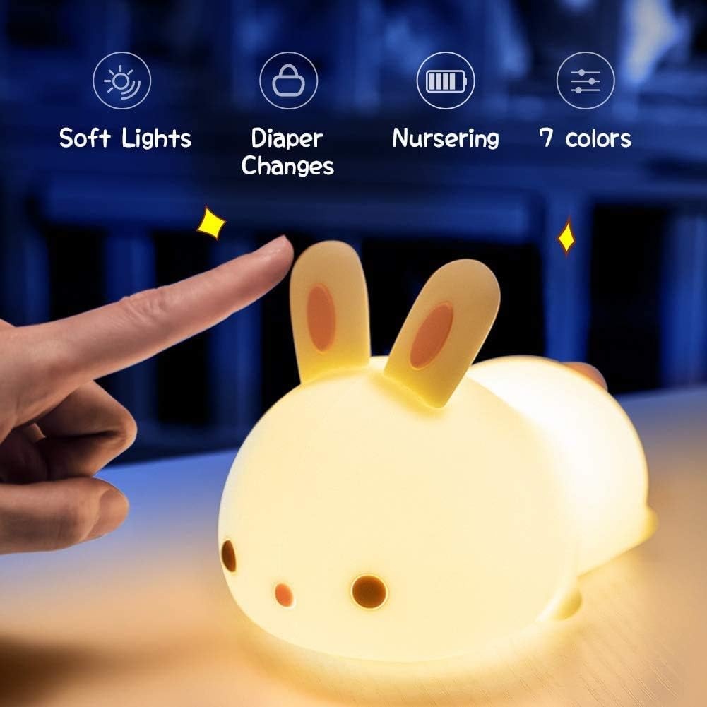 Rabbit Silicone Night Light – Rechargeable Touch Sensor LED Lamp with 7 Colors for Baby Nursery & Kids Room