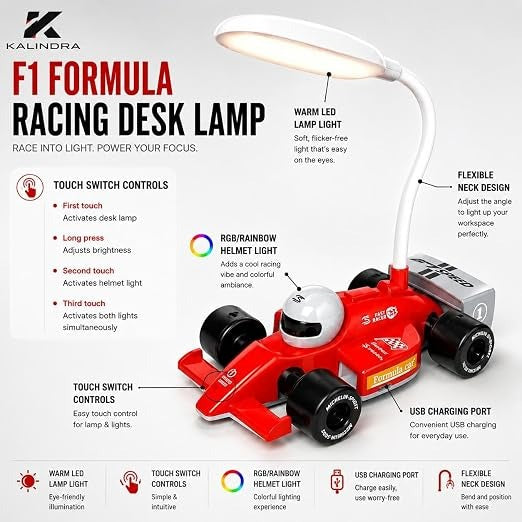 KALINDRA F1 Racing Car LED Lamp – USB Rechargeable Desk Light for Bedroom, Study Table & Gaming Setup