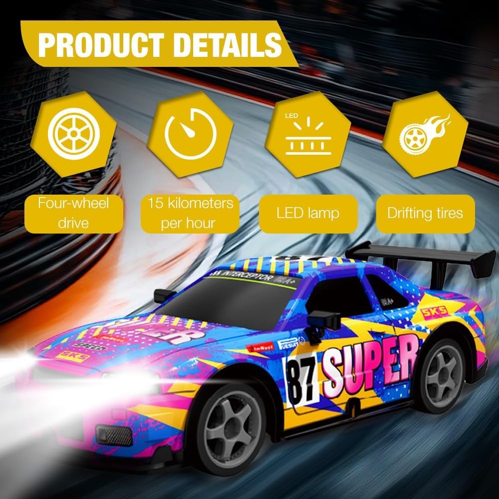 Mineup RC Drift Car Toy, 4WD 2.4GHz Remote Control Racing Vehicle with LED Headlights, 15km/h Speed
