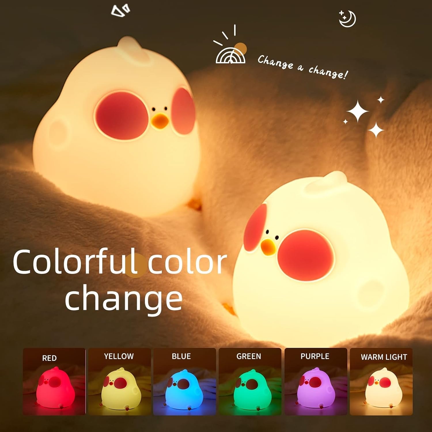 Silicone Chick Night Light for Kids – Dimmable Rechargeable LED Table Lamp with 6 Colors & Touch Control