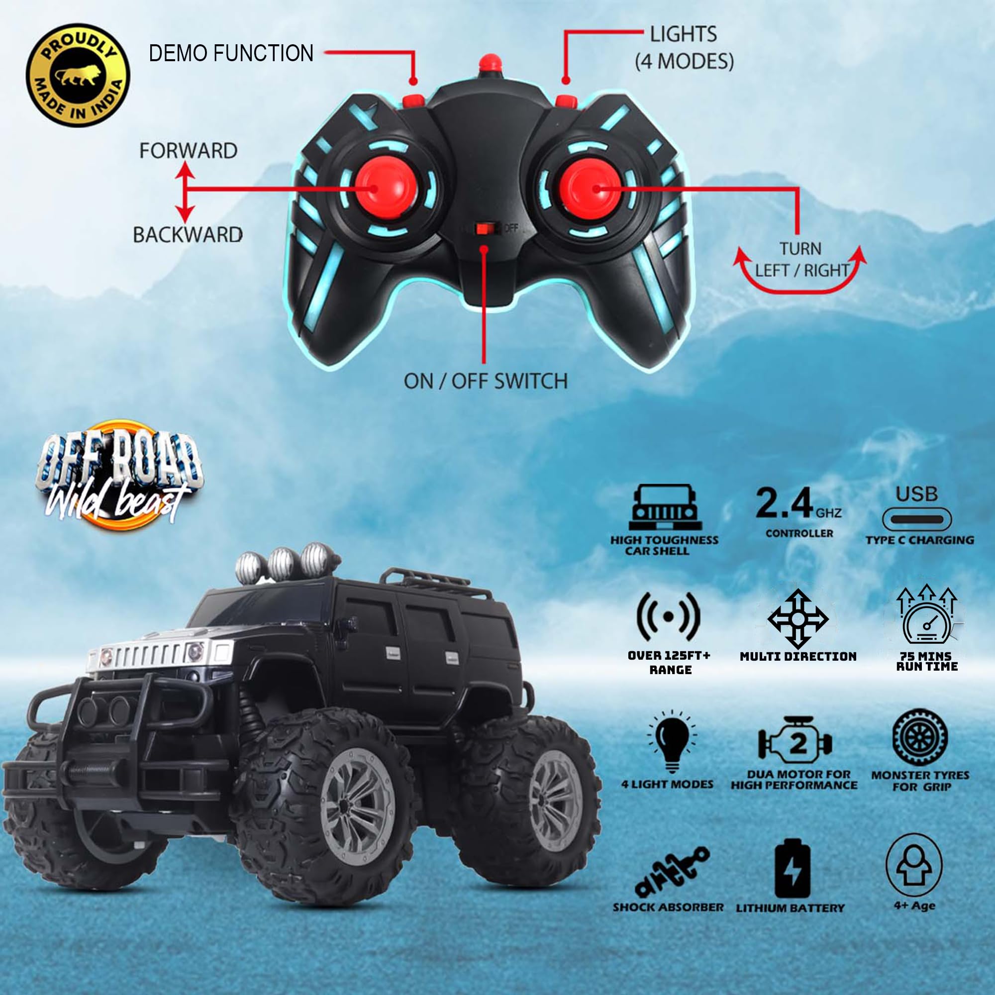 Off Roader Rechargeable Remote Control Car | RC Car Monster Truck | 4 Headlight Modes | Lithium Battery | C-Type Charging | 2.4GHz Remote Controller